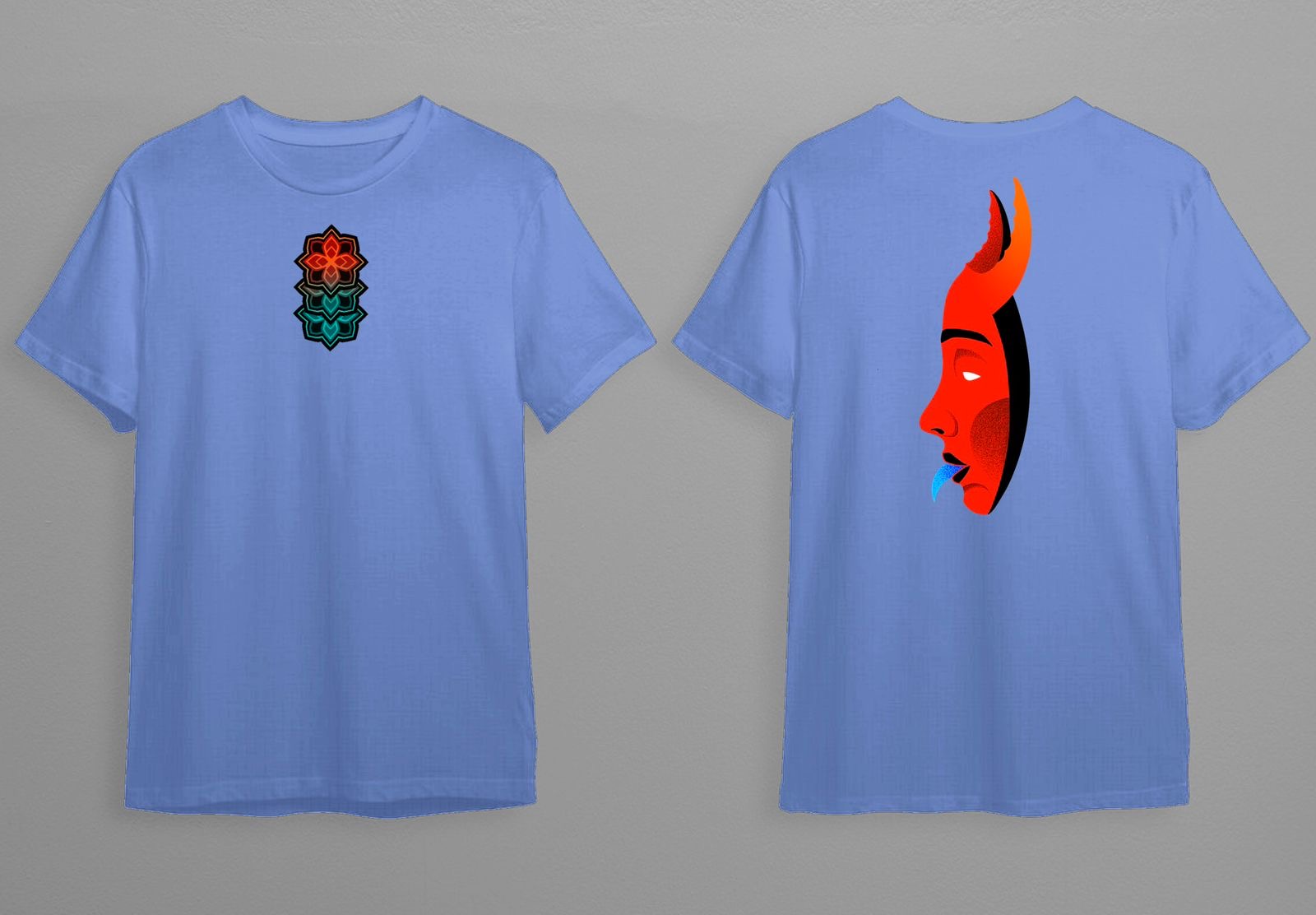 Mandala and devil face tee in blue by Pakholyk